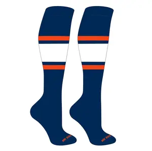 MK Socks Striped Knee High Baseball, Football Socks (B) Navy, Orange, White
