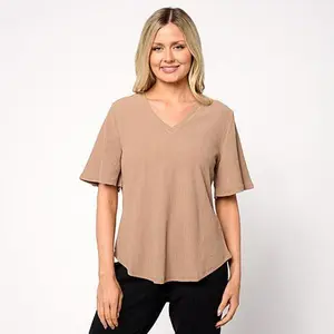 DG2 by Diane Gilman Knit Plisse Puff Sleeve V-neck Top