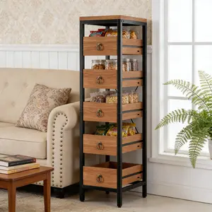 Garvee Kitchen Fruit Vegetable Storage Rack, 5-Tier Narrow Snack Fruit Display Stand with 5 Pull-Out Drawers Basket, Utility Organizer Standing Shelf for Kitchen Living Room Bathroom Supermarket, Walnut