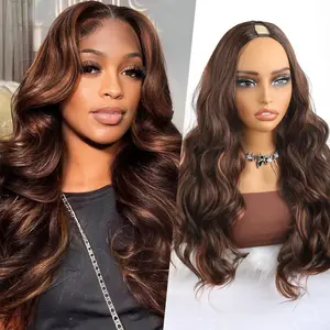 V Part Wig Long Body Wavy Upgrade U Synthetic Hair For Black Women 24inch Dark Brown Mixed Orange Head Clip In Glueless Wigs