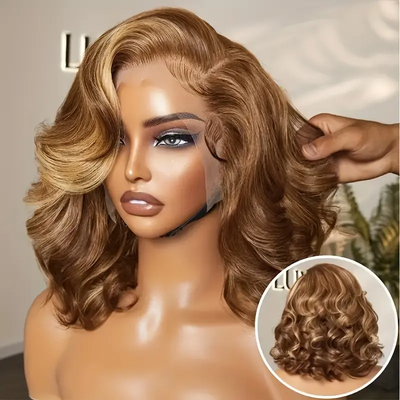 New 2025 Arrivals Glueless 13x4 Lace Front Wig Human Hair Bob 10 Inch - 180% Density Pre Plucked & Cut Ombre Brown to Blonde Highlights Wear & Go Wig for, Hair Wig, Fashion Accessory, Body Wave Texture