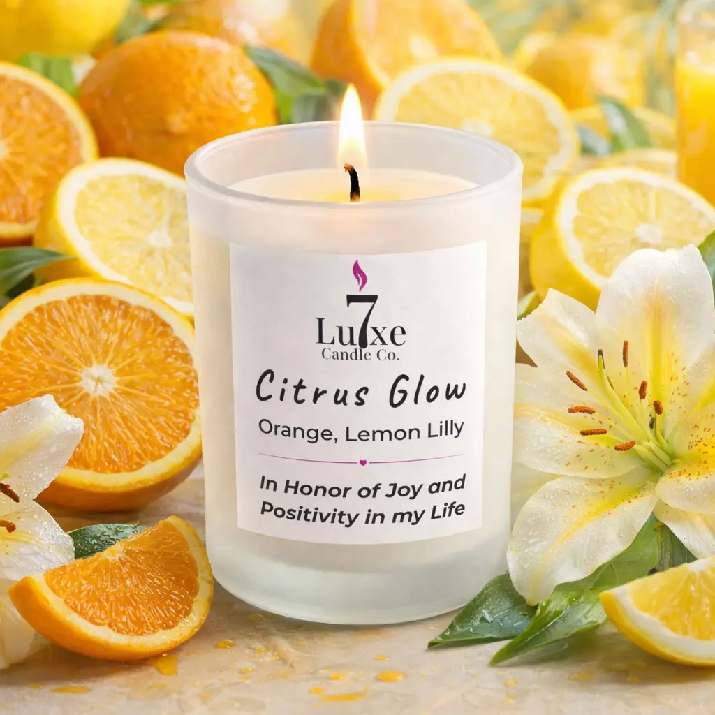 Citrus Glow | Soy Coconut Candle 8oz | Orange and Lemon Lilly | Clean Burn Luxury Candle | Frosted White Jar | Cotton Wick | Affirmation Candle