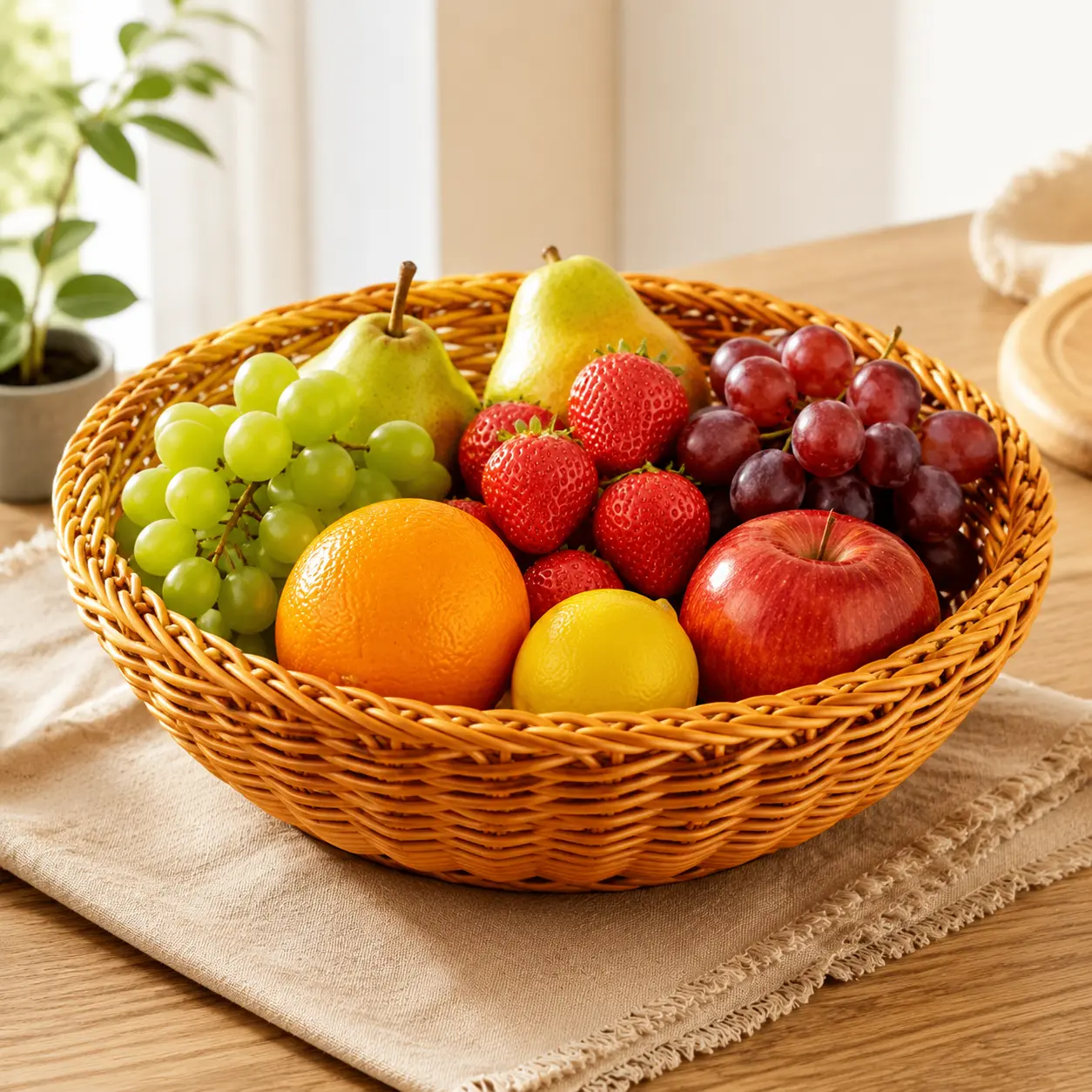 Round Wicker Bread Basket Imitation Rattan Fruit Basket Large Capacity Food Storage Basket for Kitchen Counter Dining Table Home Decor Organizer Serving Tray for Bread Snacks Fruits Vegetables Bakery Items Rustic Farmhouse Style Storage Basket