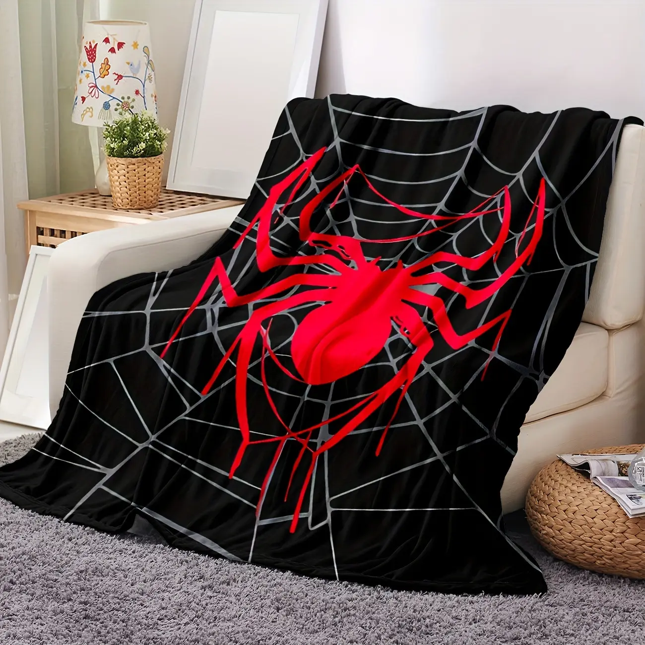 280gsm Heavyweight Ultra-Soft Dark Decorative Graphics Flannel Throw Blanket - Retro Vintage Red, Spider Web Dot Design, Fade-Resistant, Durable Bedspread for Bedroom Naps, Ideal Gift for Horror Enthusiasts (Contemporary Style), Dark Blankets, Decorative