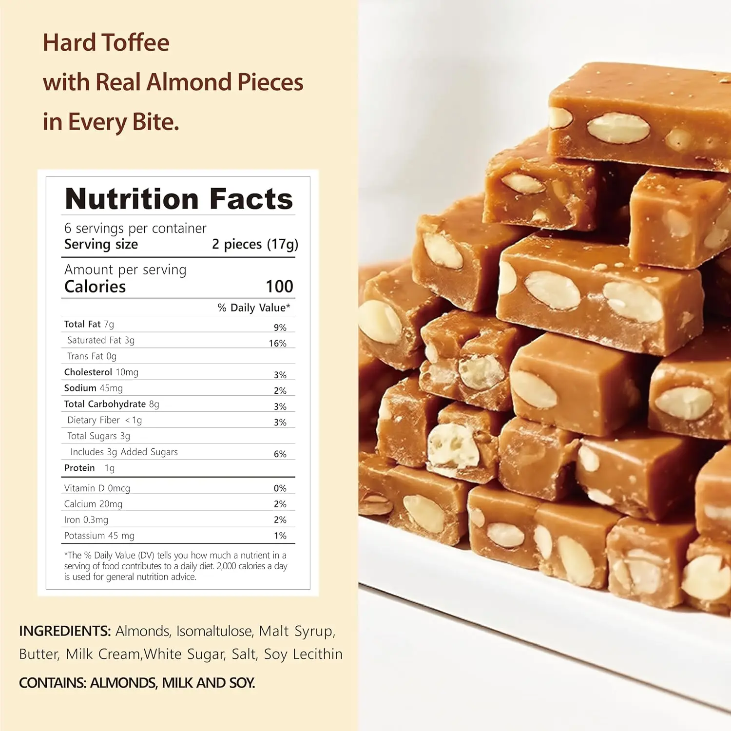 Tiny Poke Almond Toffee Candy, Hard Caramel Candy with Almonds, Individually Wrapped, 3.8 oz (108 g)