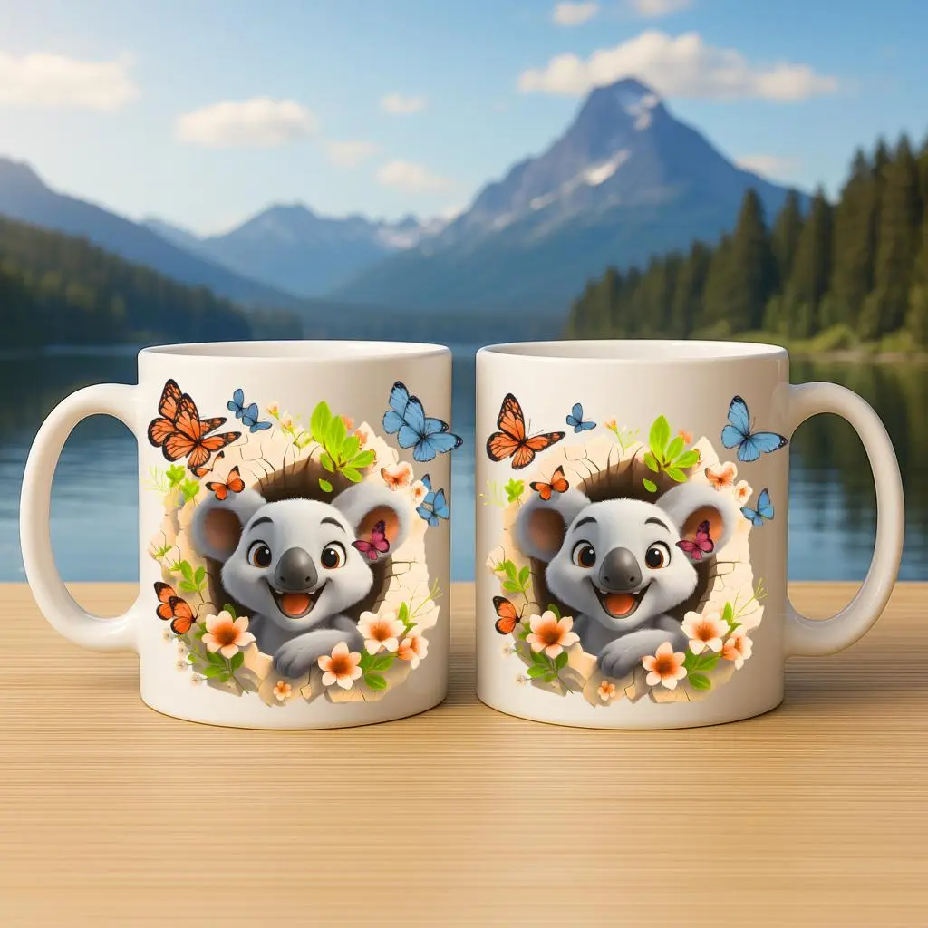 Cute Koala Mug with Floral Butterfly Design, Adorable Animal Illustration Coffee Cup, Soft Nature Art Ceramic Mug for Daily Coffee, Tea, Home Decor and Animal Lovers | Gifts for Kids | Home Decor | Hot Chocolate | Drinks | Novelty Gifts | Office Mugs |