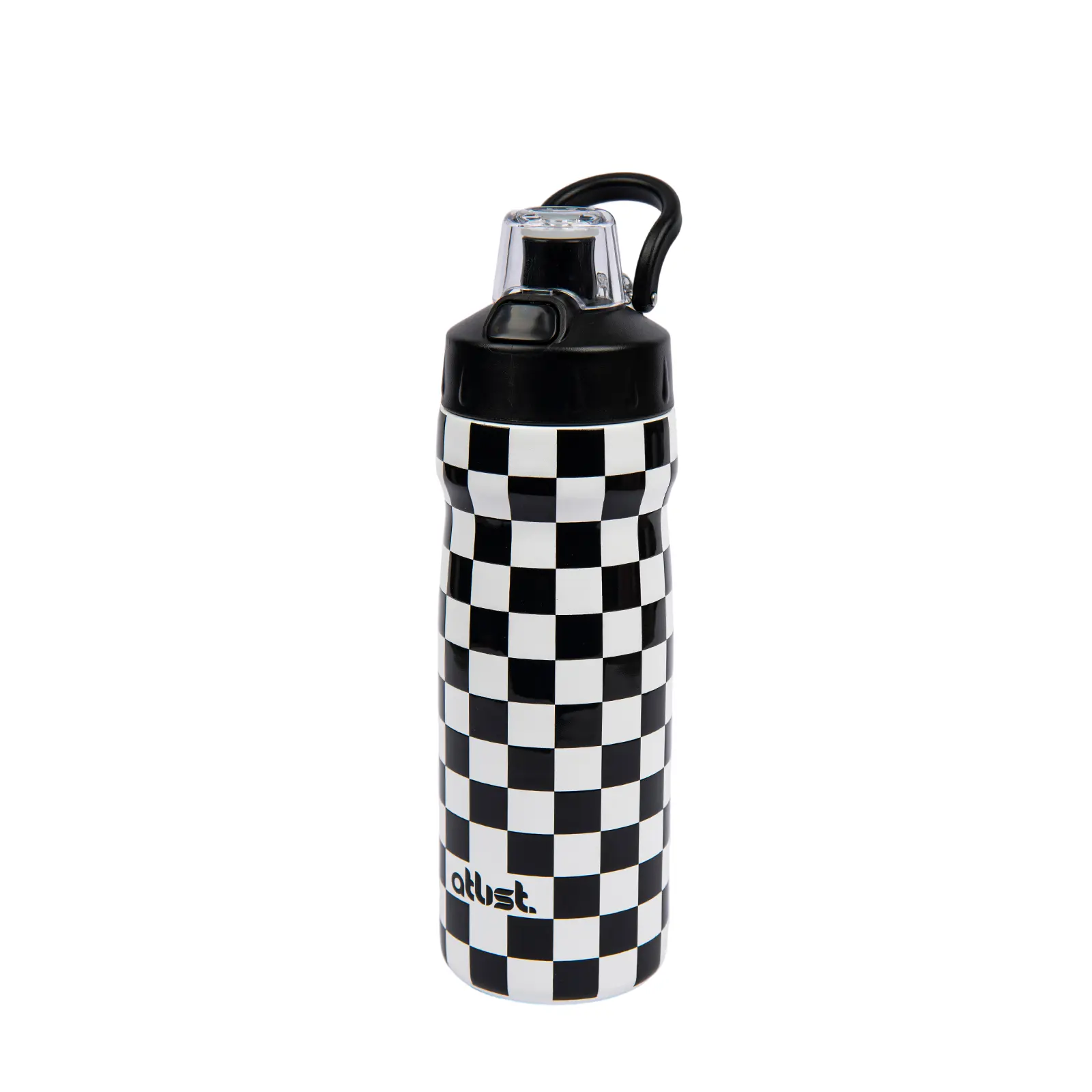 ATLIST Kids Stainless Steel Insulated Flask - 18 oz Portable Lightweight Water Bottle with Straw, Button Pop-Up Lid, Leak-Proof, 2-in-1 Sip/Chug, Hanging Handle, Cute Pink Checkered Print (Fits Gym/Bike Holders)
