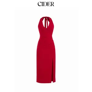 Cider Halter Neck Backless Split Ruched Bobycon Maxi Dress