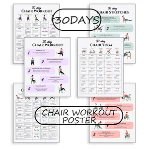 3-in-1 Chair Workout Poster Set – 30-Day Chair Exercises, Chair Yoga & Chair Stretches Guide for Home or Office Fitness, Designed for Adults Seeking Gentle Strength, Flexibility & Low-Impact Movement