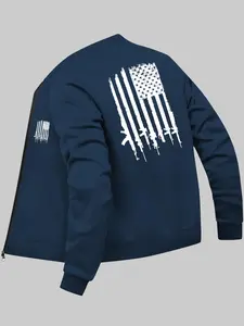 Men's American Flag Print Zip Up Jacket, Regular Fit Casual Long Sleeve Pocket Baseball Collar Outerwear for Fall & Winter, Men's Clothes for Daily Wear