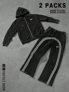Two street-style sweatshirt sets for men, with loose design and pockets, cotton fabric, washable, suitable for casual sports and daily wear, Streetwear Tracksuit Set