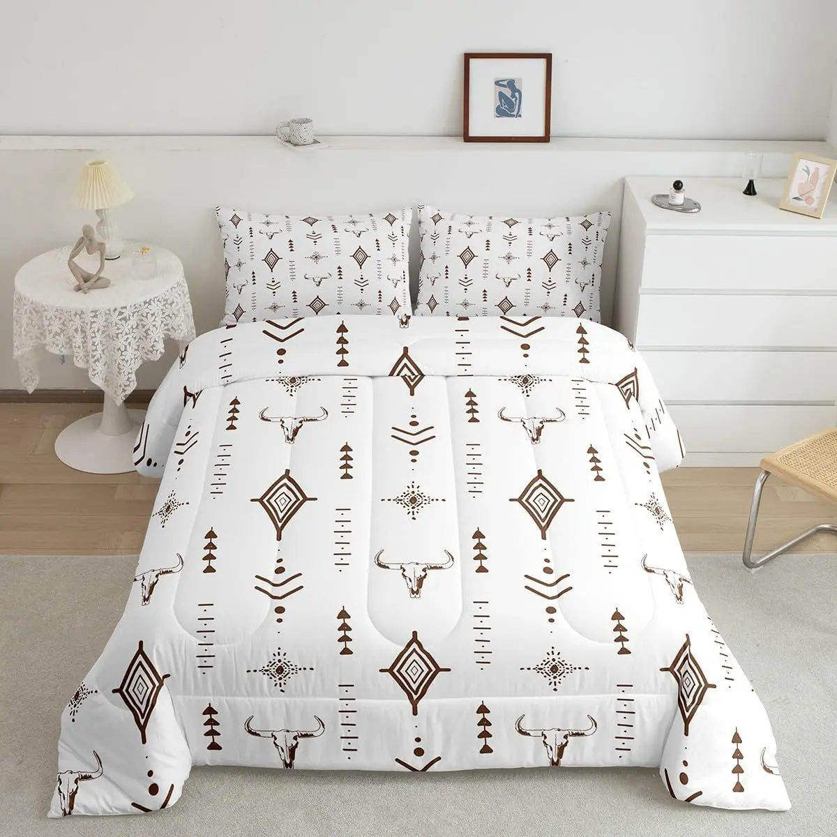 Bull Skull Western Comforter Set Boho Ethnic Horns Bedding Set for Kids Adult Brown White Tribal Symbol Mysterious Aztec Comforter