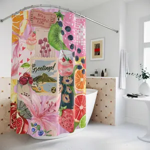1pc Floral Shower Curtain For Bathroom Pink Fruity Coquette Collage Shower Curtain, Spring Themed Shower Curtain, Cherry Dice Shower Curtain| Groovy Funky Retro   Girly Pink Aesthetic Valentine's Bathroom Home Decor Gifts Presents Gift For Her