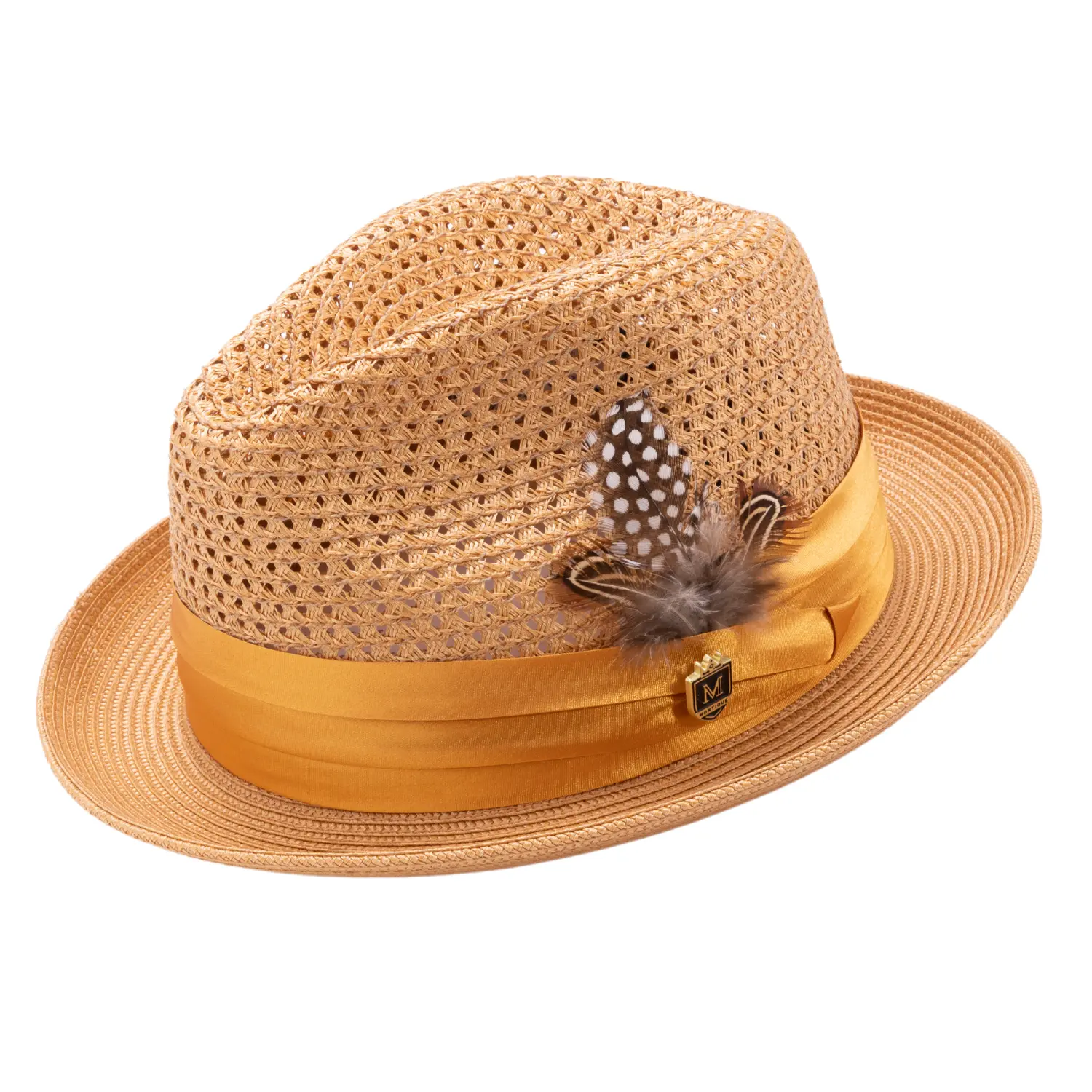 Men's Cognac Mesh Fedora Hat - Montique Pinch Crown Fedora