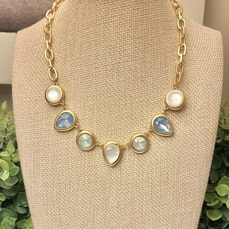 Women's Metal-Coated Rhinestone Shayla Necklace, Pastel Blue Costume Fashion Jewelry Accessory