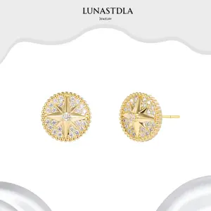 LunaStdla Celestial Compass Earrings - Vintage Zirconia Hexagram Design Golden & Silver Starburst Star Stud Earrings for Women Girls Elegant Style Suitable for Daily Wearing Birthday Party Gift for Her