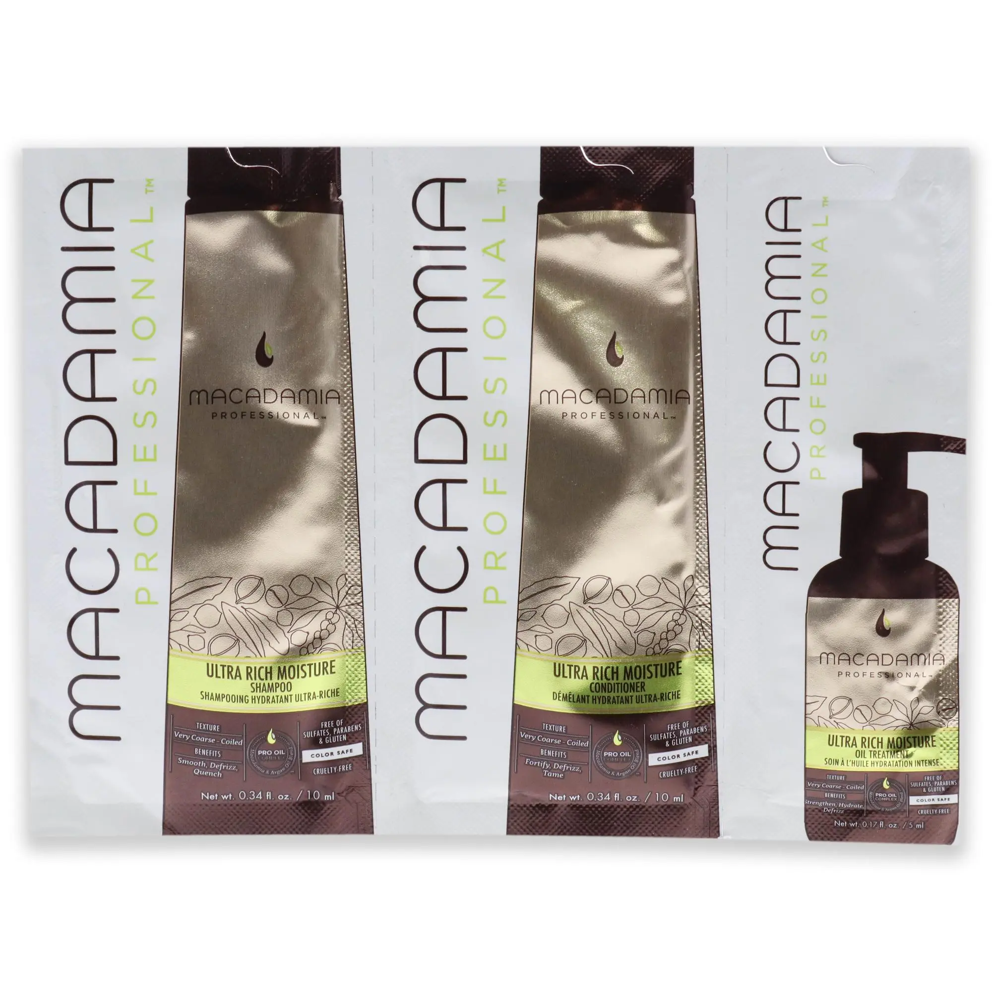 Professional Ultra Rich Moisture Set by Macadamia Oil for Unisex - 3 Pc Kit 0.34oz Shampoo, 0.34oz Conditioner, 0.17oz Oil Treatment, Moisturizer, Richness