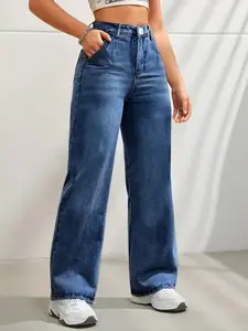 Women's Water Washed Casual Wide Leg Jeans, Fitted Natural Waist Pants, Long Regular Plain Design, Button Fly Closure