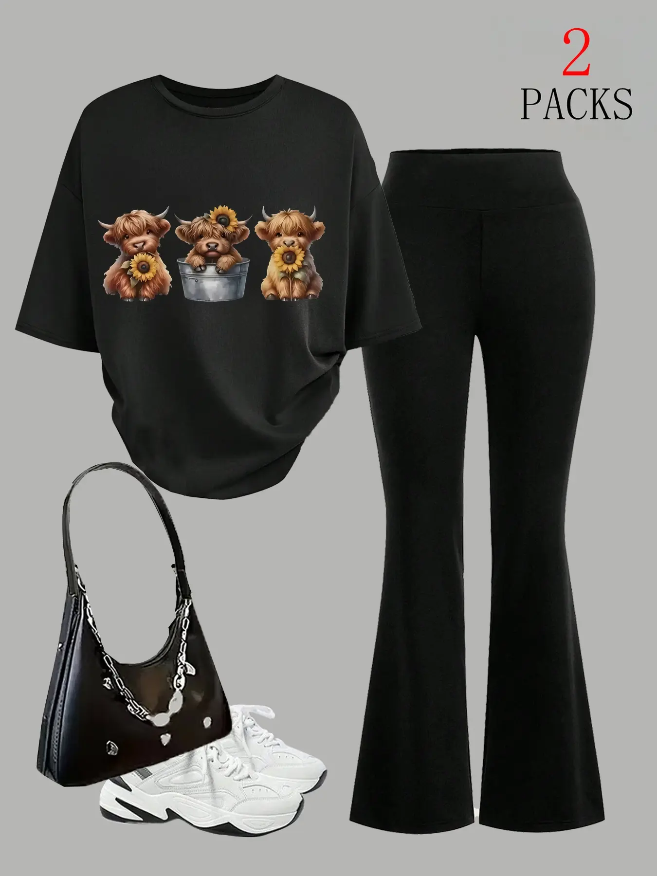 Women's 2-Piece Set with Cow Holding Sunflower Print & Flared Pants, Slimming Leg-Lengthening, Casual Daily Wear for Parties