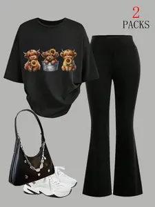 Women's 2-Piece Set with Cow Holding Sunflower Print & Flared Pants, Slimming Leg-Lengthening, Casual Daily Wear for Parties