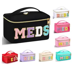 Large Black Chenille Cosmetic Medication Organizer Bag with Colorful MEDS Lettering Shiny Travel Toiletries Storage Durable Fabric Zip Closure Portable Pill Holder for Women Men