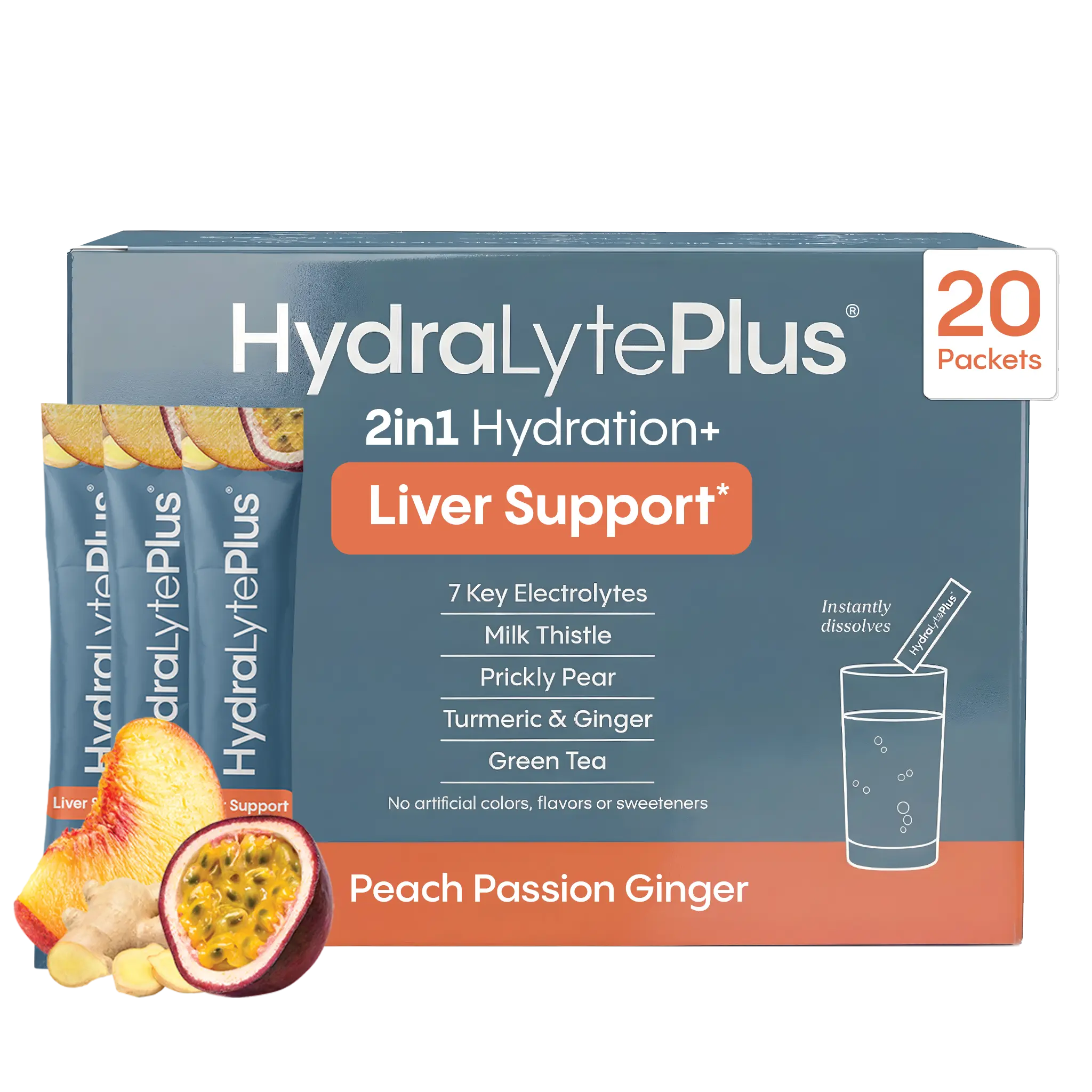 HydraLyte Plus Liver Support - Low Sugar Recovery & Hydration Powder | Electrolytes with Milk Thistle | Peach Passion (20 Servings)