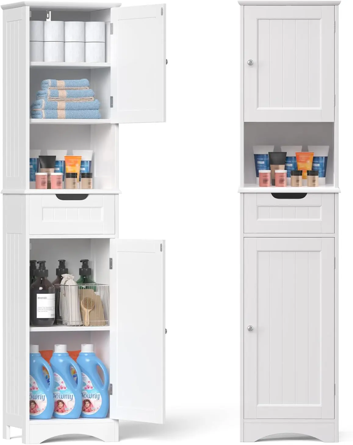 Gizoon 67" H Tall Bathroom Storage Cabinet, Narrow Storage Cabinet with 2 Doors & Drawer, Towel Cabinet with Freestanding Adjustable Shelves for Small Spaces, Kitchen, Living Room, Anti-Tipping, White