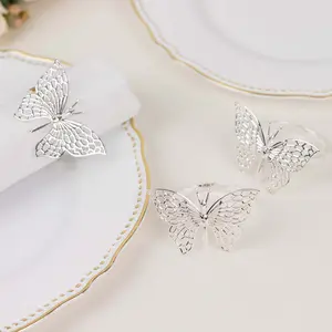 4 Pack Metallic Silver Laser Cut Butterfly Napkin Rings, Decorative Cloth Napkin Holders