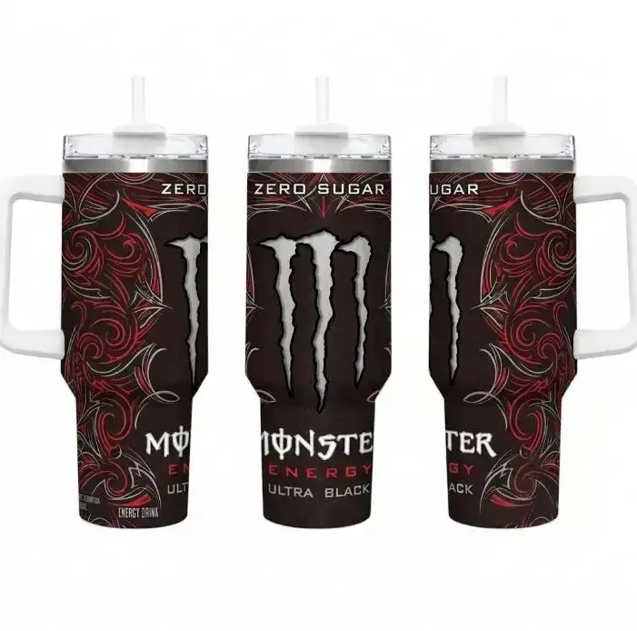 [Energy Drink Style] Monster Inspired Tumbler 40oz With Handle, Ultra Black Sugar Energy Drink Aesthetic Stainless Steel Insulated Travel Cup, Cold Drink Fan Gift