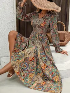 Spring & Fall Women's V-Neck Printed Floral Long Sleeve Boho Bohemian Statement Dress, Casual Fashion, Comfortable Fit, Perfect for Daily Wear