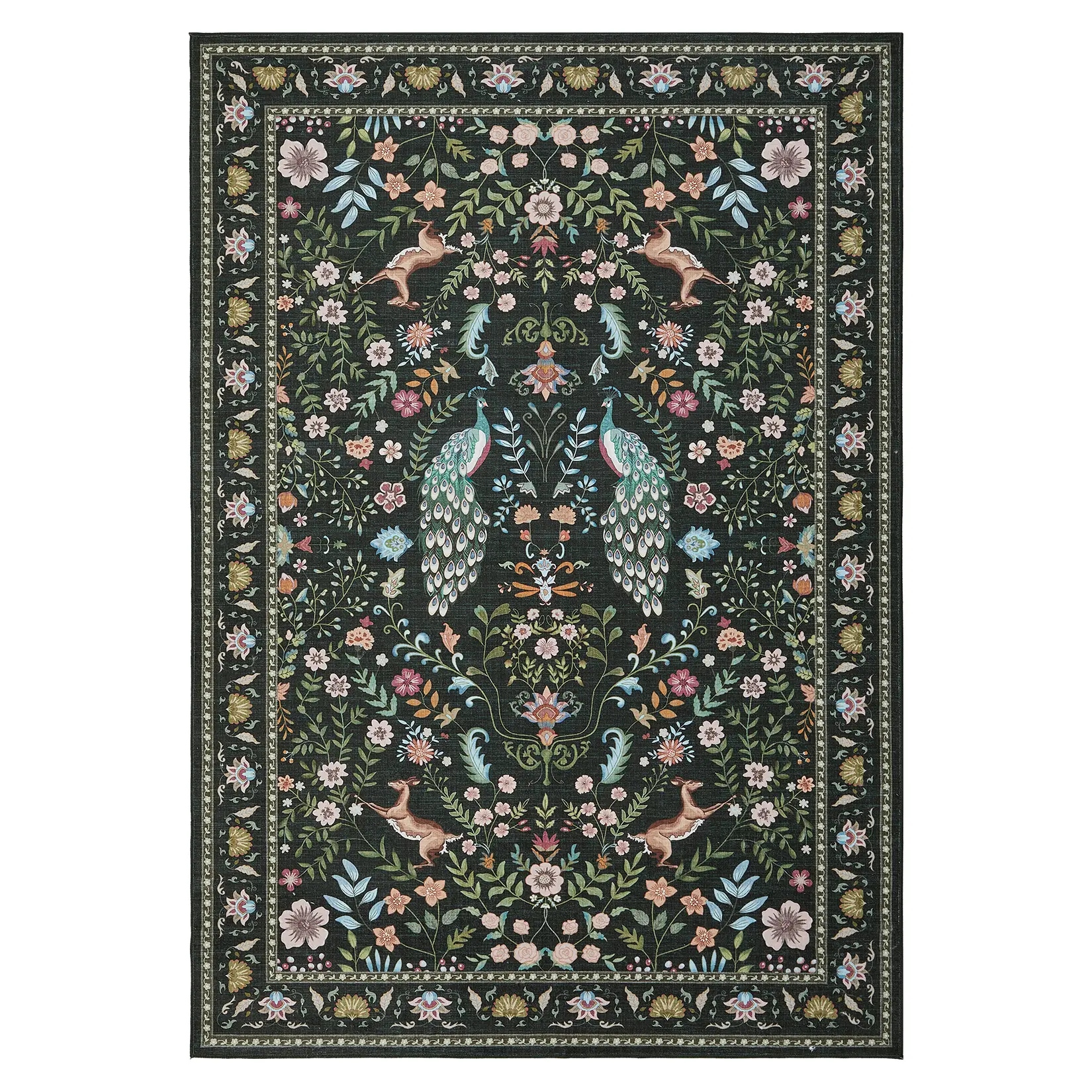 Washable Floral Peacock Area Rug - Extra Large 10x13ft Carpet - Low Pile, Non-Shedding, Collapsible, Non-Slip - Soft Indoor Decor for Living Room, Bedroom, Nursery, Office