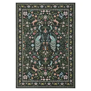 Washable Floral Peacock Area Rug - Extra Large 10x13ft Carpet - Low Pile, Non-Shedding, Collapsible, Non-Slip - Soft Indoor Decor for Living Room, Bedroom, Nursery, Office