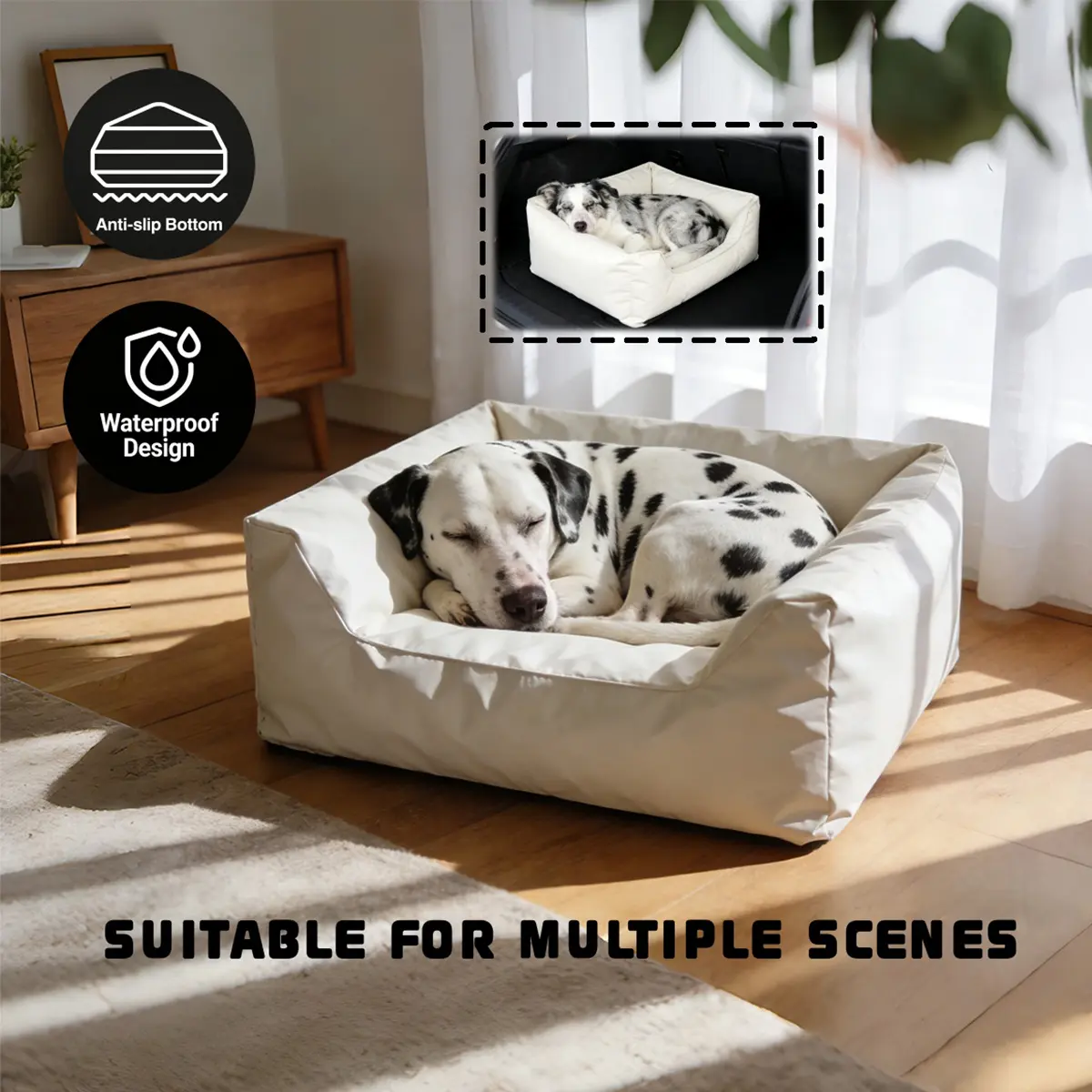White Oxford Cloth Dog Bed – Waterproof, Wear-Resistant Square Pet Sofa Bed, Washable, Suitable for Cats & Dogs, All-Season Use