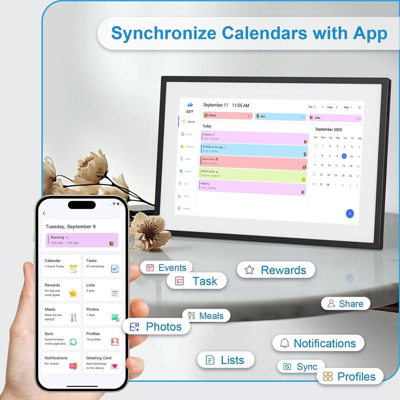 10.1 Inch Digital Calendar+Digital Picture Frame, 2025-2026 Desk Calendar Smart WiFi Planner&Chore Chart, IPS HD Interactive Touchscreen Display For Family Schedules