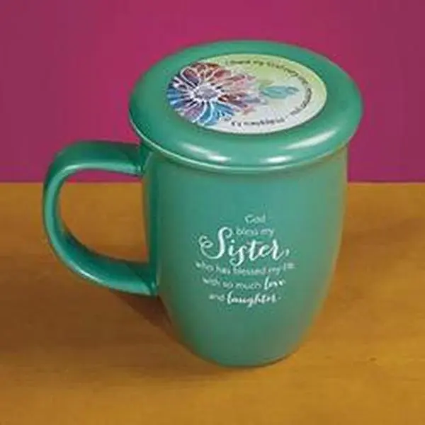 Cathedral Art-DBA Abbey Gift Washable Ceramic Clay Pottery Mug - Grace Text Sister Interior, Green & Light Green, with Coaster Lid, Multi-Use Drink Cup