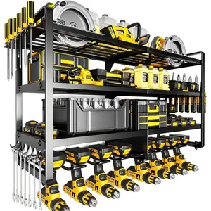 Large Power Tool Organizer Wall Mount,4 Layers Heavy Duty Metal Loads 400lbs,Power Tool Shelf Battery Storage with 8 Cordless Drill Holder,Utility Racks  Garage Workshop