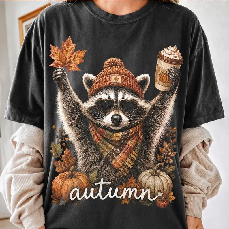 Comfort Colors Autumn Raccoon Pumpkin Latte Shirt, Tis the Season Raccoon Tee, Fall Vibes Shirt, Cute Pumpkin Spice Graphic T-Shirt, Cozy Autumn Animal Apparel