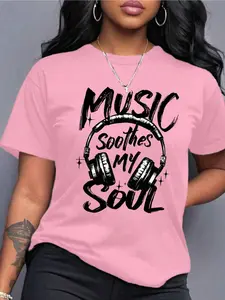 SHEIN Relaxiva 'Music Soothes My Soul' Headset Graphic Tees Letter Slogan T-Shirt, Round Neck Short Sleeved Women Tops