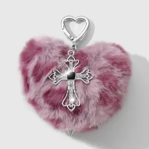 1 piece Y2K sweet‑cool hot‑girl unique retro fashion multicolor leopard plush heart intricate rhinestones cutout cross stud decorations DIY keychain bag charm suitable for girls/women’s everyday wear holiday gift