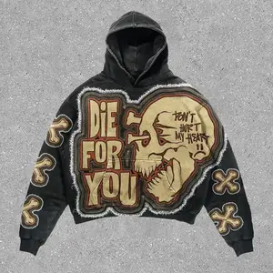 Women's "Die For You" Skull Heart Hoodie - Vintage Washed Black, Oversized, Gothic Streetwear, Long Sleeve, Comfortable Casual Wear with Unique Style & Vibe