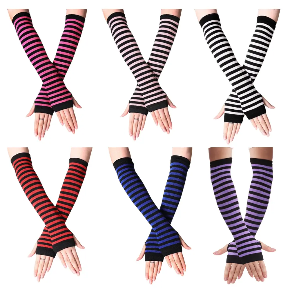 6 Pairs Long Fingerless Arm Warmers for Women, Striped, Punk/Gothic Rock/Y2K Emo Scene 6 Pairs Long Fingerless Arm Warmers for Women, Striped, Punk/Gothic Rock/Y2K Emo Scene