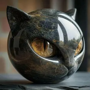 Black Cat Resin Figurine - Marble Texture Cat Head Stone Keepsake Office Desk Decor Gift for Cat Lovers Healing Crystal Style