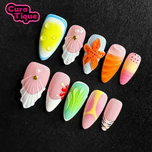 CuraTique | Orange Fizz 10PCS Handmade Press On Nails REUSABLE 3D Gel spring/summer 2025 / Prom