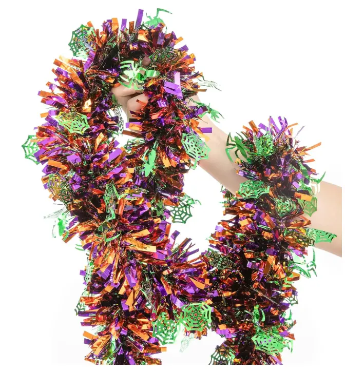 33FT Halloween Tinsel Garland, Metallic Twist Foil Tinsel Garland with Green Spider Web Ornament Shiny Hanging Garland for Halloween Party Indoor Outdoor Decoration