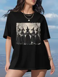 【Plus Size】Women's Plus Size Vintage Halloween Graphic Short Sleeve Fitted T-Shirt, Casual Comfy Womenswear Top for Daily Fall Wear