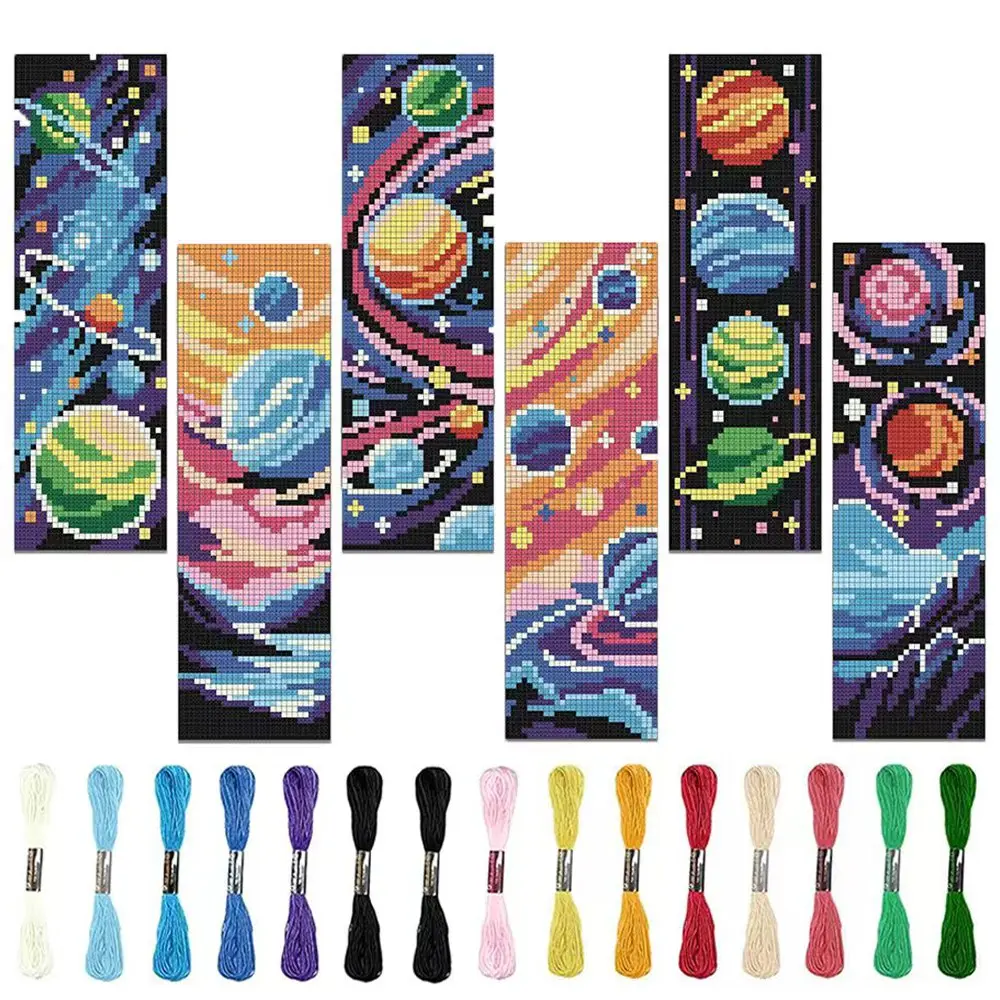 6-Piece Space Theme Cross Stitch Bookmark DIY Art Kit, Beginner-Friendly Fabric Bookmark Set, Book Accessories, Includes Stamps, Threads, Tools, Instructions