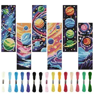 6-Piece Space Theme Cross Stitch Bookmark DIY Art Kit, Beginner-Friendly Fabric Bookmark Set, Includes Stamps, Threads, Tools, Instructions