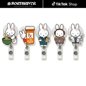 Cute Bunny Pharmacy Pill Bottle Lab Scientist Badge Reel Retractable Set Kawaii Matcha Office Acrylic ID Card Holder For Pharmacists Nurses Gift