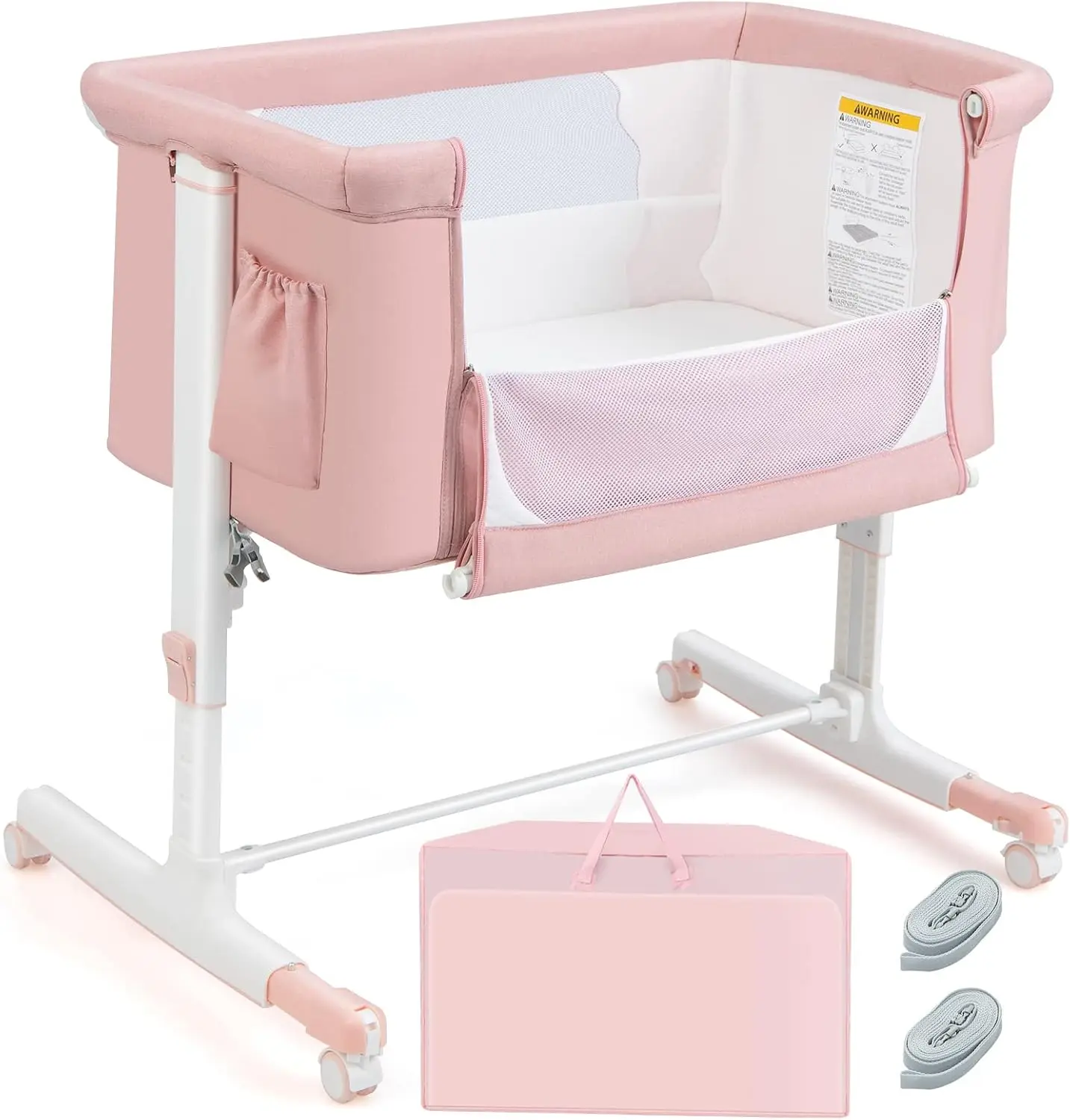 Costzon Baby Bassinet Bedside Sleeper, 3-in-1 Easy Folding Portable Crib for Baby with Wheels, 5 Adjustable Heights, Easy to Assemble Bed to Bed, Mattress & Carry Bag for Infant Newborn