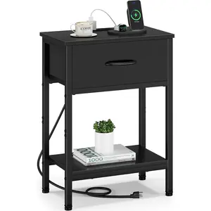 Vagusicc Black Nightstand with Charging Station, End Table with Fabric Drawer, Small Side Table with 2-Tier Storage Shelves, 25.4" Tall Bedside Table, Black Night Stand for Bedroom, Living Room, Dorm